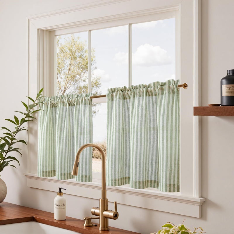 jinchan Striped Linen Kitchen Curtains 24 Inches Length Tier Curtains Farmhouse Modern Cafe Style Small Window Treatments Airy Light Filtering Rod Pocket for Living Room Bathroom 2 Panels Sage Green - Image 2
